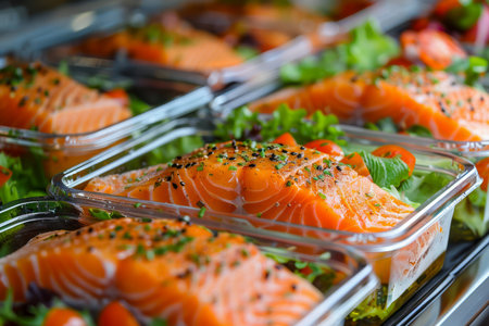 Fresh Packed Salmon Sashimi in Plastic Containers for Takeaway with Greens and Sesame Seeds on Display AI Generativeの素材
