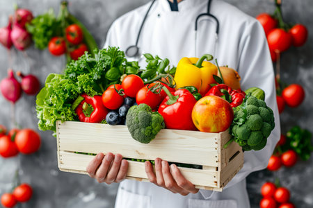 Healthcare Professional Promoting Healthy Eating with Fresh Vegetables and Fruits in Wooden Crate AI Generativeの素材