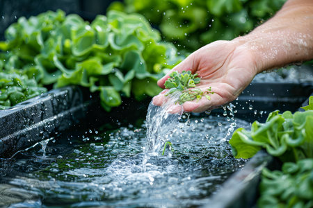 Farmer Hand Washing Fresh Green Lettuce in Water at Sustainable Agriculture Hydroponic Farming AI Generativeの素材