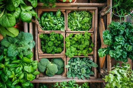 Fresh Organic Green Leafy Vegetables in Wooden Crate Display at Farmers Market with Variety of Spinach, Lettuce, and Herbs AI Generativeの素材