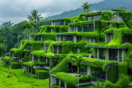 Sustainable Architecture Design Eco friendly Green Building with Lush Vegetation and Modern Facilities Amongst Tropical Hills AI Generativeの素材