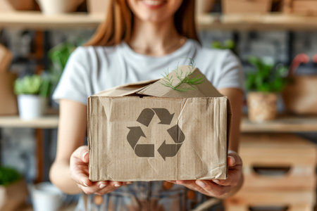 Smiling Young Woman Promoting Sustainability with Recycle Symbol on Cardboard Box in a Bright Interior AI Generativeの素材