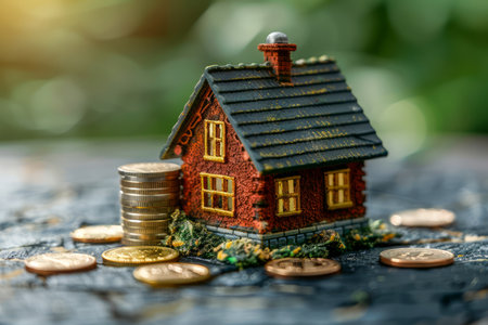 Miniature House Symbolizing Real Estate Investment with Coins on Wooden Surface Amongst Greenery AI Generativeの素材