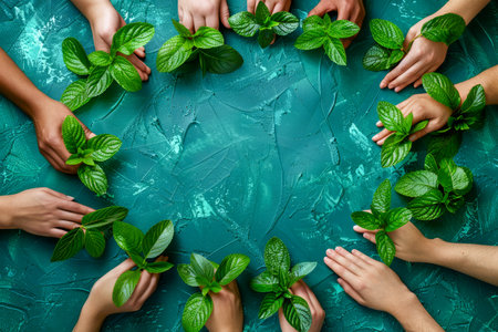 Circle of Hands Holding Fresh Green Leaves on Textured Blue Background for Environmental Concept AI Generativeの素材