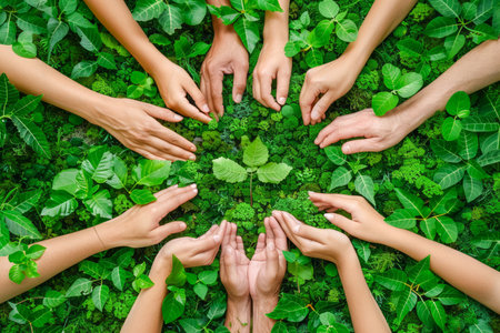 Diverse Group of Hands Coming Together Over Lush Green Background Symbolizing Unity Teamwork AI Generativeの素材