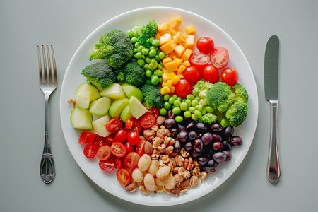 Colorful Assortment of Fresh Vegetables and Legumes on White Plate, Healthy Eating Concept AI Generativeの素材