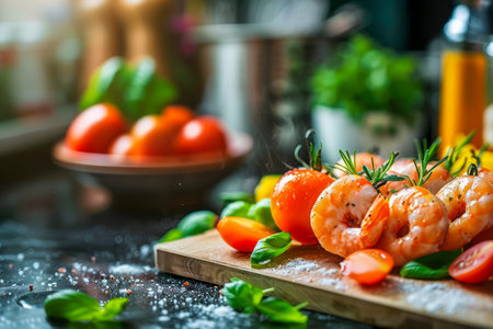 Fresh Cooked Shrimp with Cherry Tomatoes and Herbs on Cutting Board in Kitchen Environment Culinary Delight Concept AI Generativeの素材