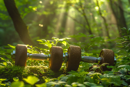 Serene Forest Workout Scene with Sunlight Piercing Through Trees Illuminating Dumbbells on a Forest Floor Amidst Green Foliage AI Generativeの素材
