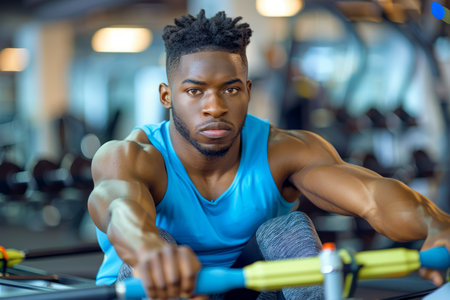 Determined Young Male Athlete Performing Intense Workout at Gym with Focus and Endurance AI Generativeの素材