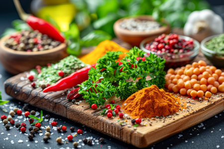Vibrant Assortment of Spices and Seasonings on Wooden Board for Gourmet Cooking AI Generativeの素材
