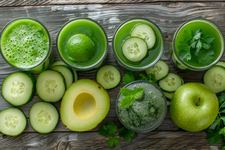 Fresh Green Smoothies and Ingredients on Rustic Wooden Table Healthy Eating Concept AI Generativeの素材