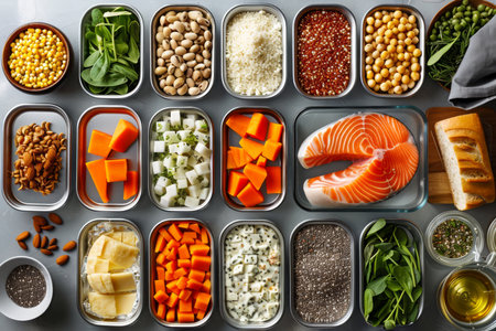 Variety of Balanced Meal Ingredients in Separate Containers on a Table for Healthy Diet Concept AI Generativeの素材