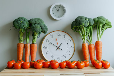 Fresh Vegetables Arranged Creatively Around Wall Clock in Modern Kitchen Setting AI Generativeの素材