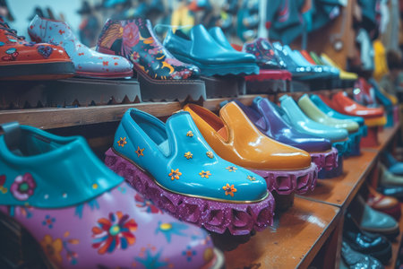 Colorful Assortment of Children's Rubber Clogs on Display at a Retail Store with Various Patterns AI Generativeの素材