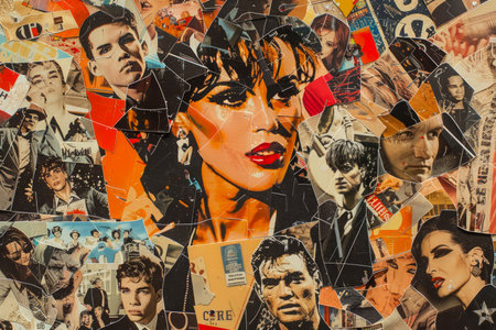 Colorful Pop Art Collage with Vintage Magazine Cutouts of Celebrities and Fashion Models AI Generativeの素材