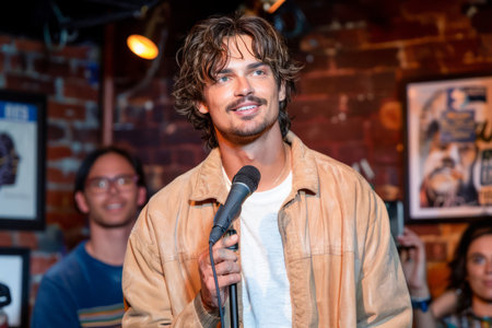 Smiling Young Man with Microphone at Stand Up Comedy Event in Casual Outfit With Audience in Background AI Generativeの素材
