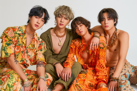 Fashionable Young Men Group in Stylish Summer Outfits Posing in Studio Setting with Neutral Background AI Generativeの素材