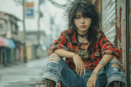 Stylish Young Woman in Trendy Outfit Sitting on Urban Street, Edgy Fashion Model with Moody Expression in Cityscape AI Generativeの素材