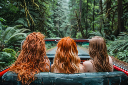 Three Young Friends Enjoying a Scenic Drive Through a Lush Green Forest in a Red Convertible Car, Embracing Adventure and Freedom AI Generativeの素材