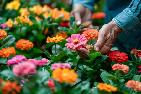 Close up of Gardener&#39;s Hands Nurturing Vibrant Flowers in a Lush Greenhouse Environment AI Generativeの素材