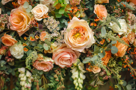 Elegant Floral Arrangement with Roses and Mixed Greenery for Weddings and Special Events AI Generativeの素材