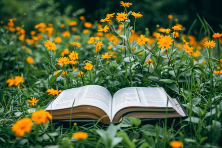 Open Book Surrounded by Yellow Wildflowers in a Lush Green Meadow Concept of Nature, Literature, and Tranquility AI Generativeの素材
