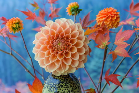Vibrant Orange Dahlia Flower Blossoming With Lush Autumn Leaves In A Decorative Vase Against A Blue Background AI Generativeの素材