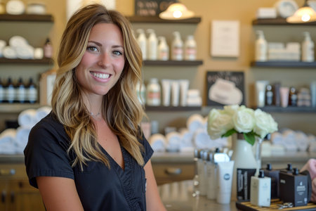 Confident Female Entrepreneur Smiling in Her Boutique Shop with Health and Beauty Products on Shelves AI Generativeの素材