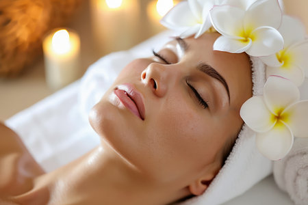 Serene Woman Relaxing at Spa with Frangipani Flowers in Hair, Candles in Background for Tranquil Ambiance AI Generativeの素材