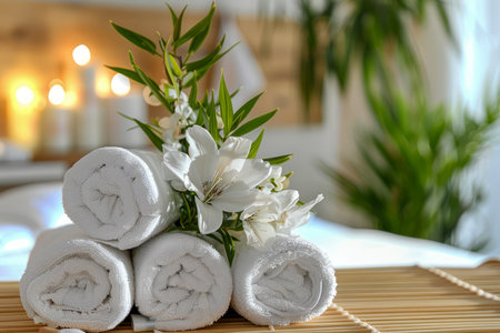 Fresh White Towels Tied with Twine next to Blossoming Olive Branch on Spa Wooden Table AI Generativeの素材