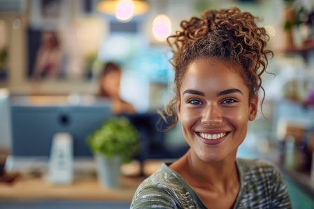 Radiant Young Woman with Curly Hair Smiling in a Cozy Cafe Environment, Portraying Happiness and Confidence AI Generativeの素材