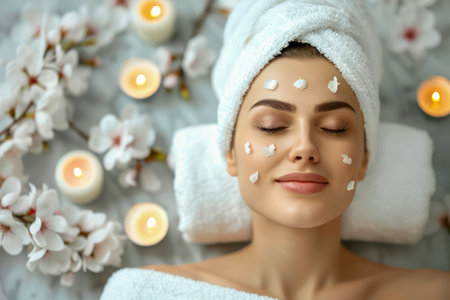 Relaxed Young Woman Enjoying Spa Day with Facial Cream Treatment, Blossoms, and Candles Atmosphere AI Generativeの素材