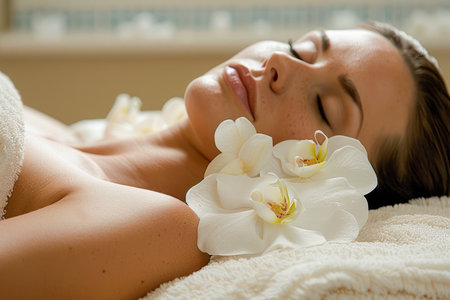 Serene Woman Enjoying a Luxury Spa Treatment with White Orchids on Her Face, Lying on a Massage Table AI Generativeの素材