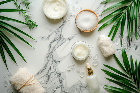 Top View Spa and Wellness Setting with Natural Products on Marble Background with Tropical Leaves AI Generativeの素材