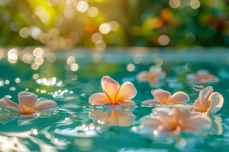 Tranquil Tropical Poolside with Floating Frangipani Serene Nature, Vibrant Petals on Water Backdrop, Golden Hour Glow AI Generativeの素材