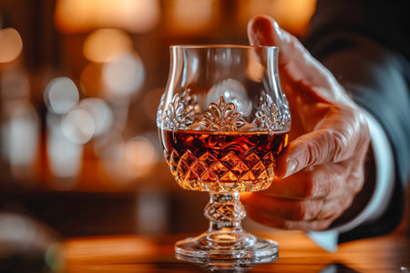 Close up of Elegant Hand Holding a Fine Crystal Glass Filled with Amber Cognac against Warm Blurred Background AI Generativeの素材