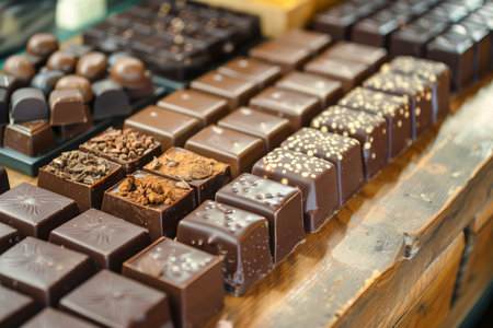Assortment of Gourmet Handmade Chocolate Bars and Truffles Displayed on Wooden Counter AI Generativeの素材