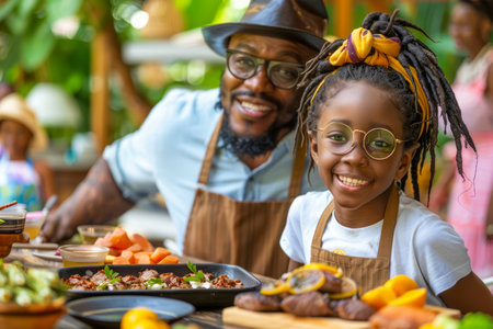 Happy African American Father and Daughter Enjoying Outdoor Picnic, Smiling with Healthy Food on Table AI Generativeの素材