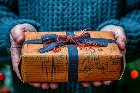 Close up of Hands Holding a Wrapped Gift Box with Red Ribbon over Festive Background AI Generativeの素材