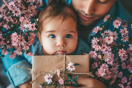 Tender Family Moment with Father Embracing Baby Holding Floral Gift, Parenthood and Love Concept AI Generativeの素材