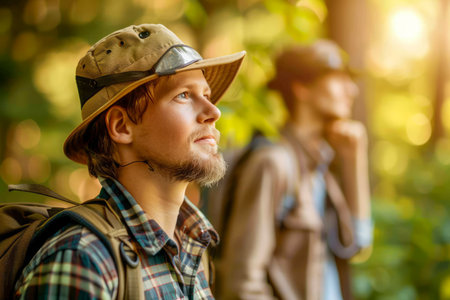 Young Male Hikers Exploring Nature on a Sunny Day, Friends Enjoying Outdoor Adventure in the Woods AI Generativeの素材