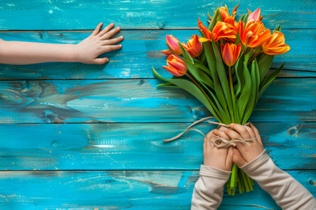 Vibrant Tulip Bouquet Being Offered From Man's Hand to Child on a Bright Blue Wooden Background AI Generativeの素材