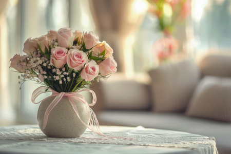 Elegant Pink Roses in a White Vase with Ribbon on a Lace Tablecloth in a Bright Room Floral Home Decor and Romantic Atmosphere AI Generativeの素材