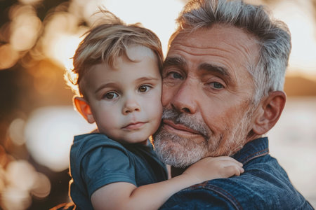 Tender Moment Between Grandfather and Grandchild in Golden Sunset Light AI Generativeの素材