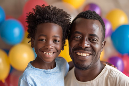 Happy African American Father and Son Smiling with Festive Balloons in Background Celebrating a Family Occasion AI Generativeの素材
