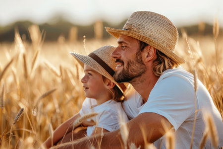 Happy Father and Child Enjoying a Summer Day Together in a Golden Wheat field, Family Bonding in Nature AI Generativeの素材