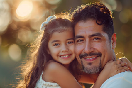 Loving Father Embracing His Adorable Daughter in a Warm Sunset Light Family Bonding, Parent Child Relationship AI Generativeの素材