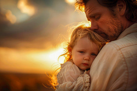 Tender Family Moment with Loving Father Embracing Young Daughter at Sunset, Warm Golden Hour Emotions AI Generativeの素材