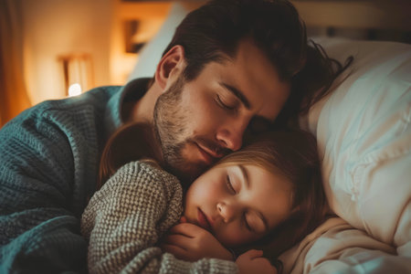 Tender Moment of Father Embracing Young Daughter Asleep in Cozy Bed, Warm Family Bonding Time AI Generativeの素材