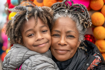 Affectionate Grandmother Embracing Her Smiling Grandchild Outdoors with Colorful Background AI Generativeの素材